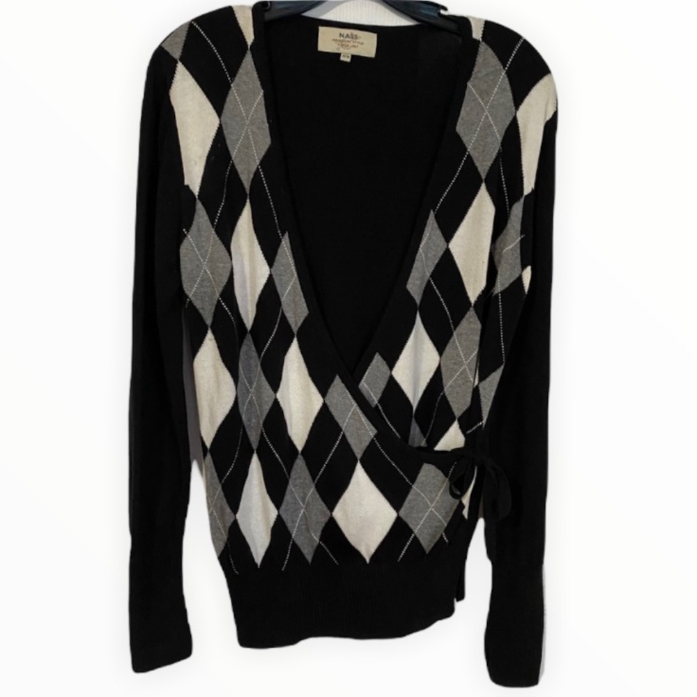 ARGYLE FAUX WRAP SWEATER